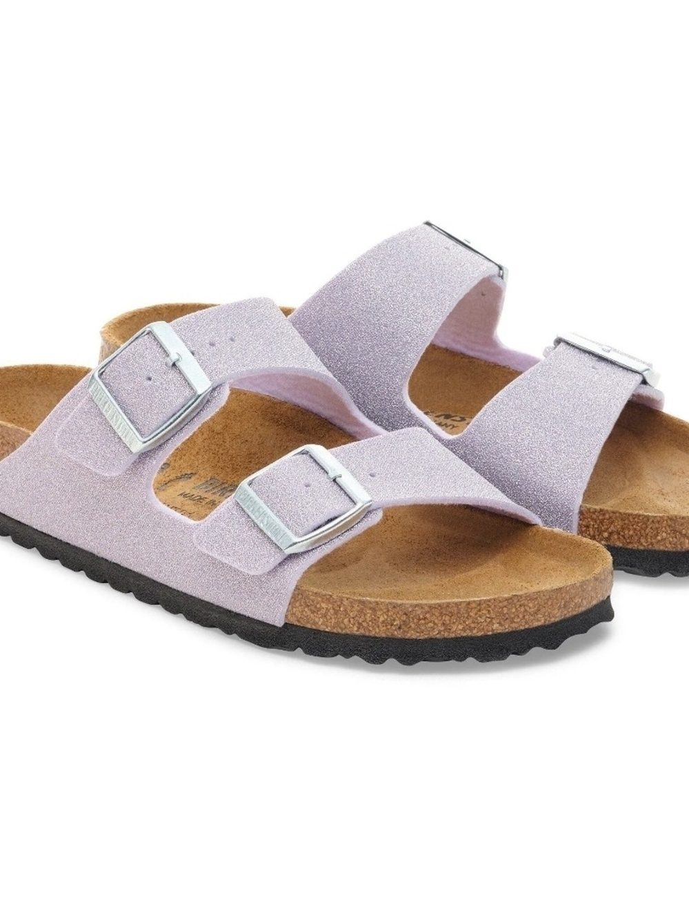Birkenstock Two-Buckle Glitter Slide Sandals in Lavender Sparkle